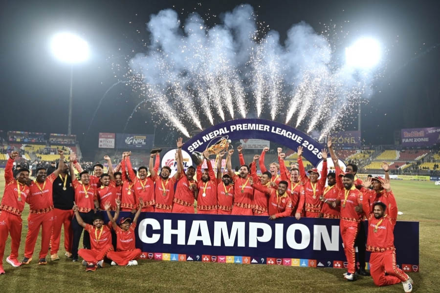 Lumbini Lions players celebrating with the NPL Season 2 trophy after beating Sudurpaschim Royals in the final match of the Nepal Premier League in Kathmandu, Nepal