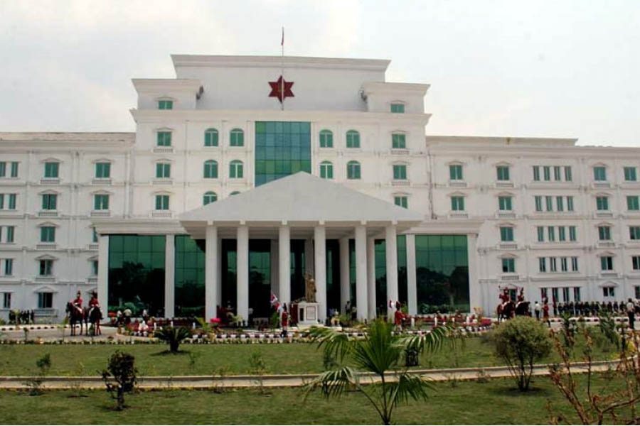 Nepal Army soldiers on patrol in Kathmandu after security alert.