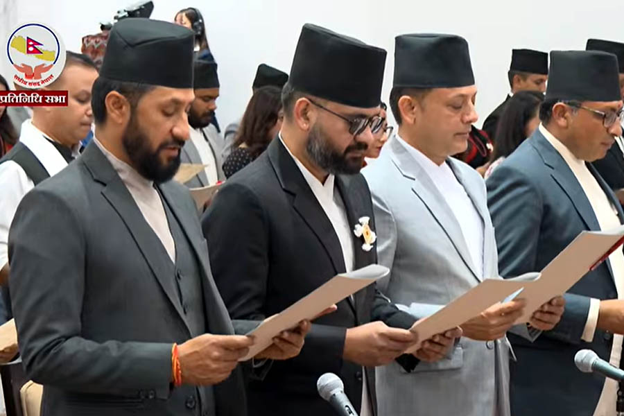 Newly elected Nepal lawmakers taking oath ceremony at Singha Durbar Parliament building