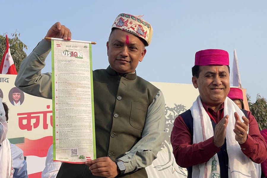Nepali Congress leadership releasing Vision Ten manifesto in Janakpurdham for Nepal general elections