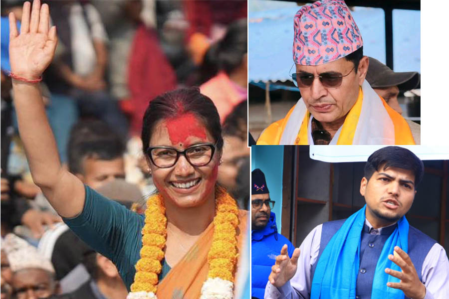 Sobita Gautam, Bharat Parajuli and Prashant Upreti celebrating major victories in Nepal Election 2082 representing a new generation of political leaders.