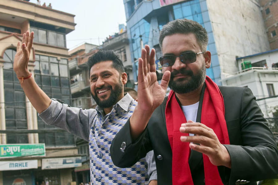 Rabi Lamichhane and Balendra Shah speaking to supporters at a Rastriya Swatantra Party campaign rally during the 2026 Nepal election.