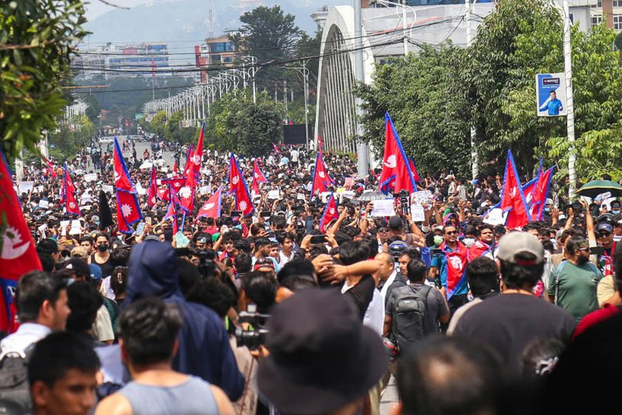 Group of Nepali youths gathered near Parliament premises in New Baneshwor following Gen-Z protest deaths.