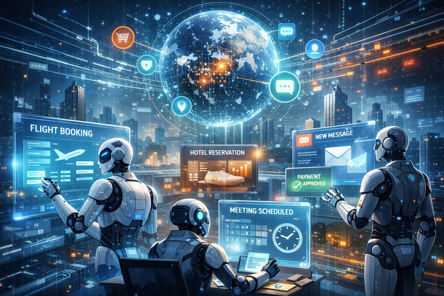 Illustration of AI agents navigating and operating the future internet