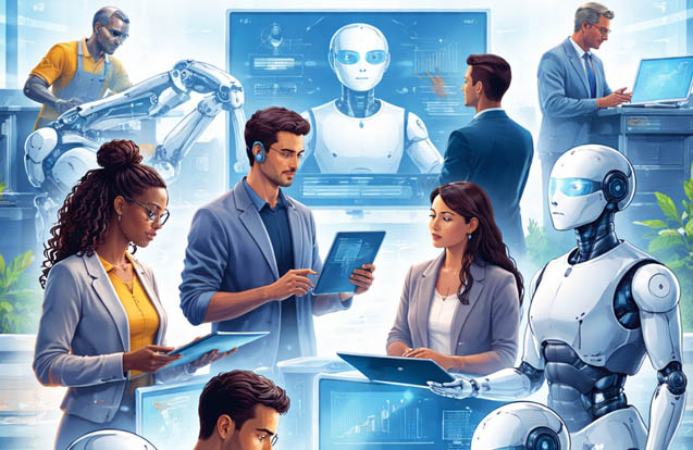 AI and humans working together in modern workplaces as new technology creates future jobs