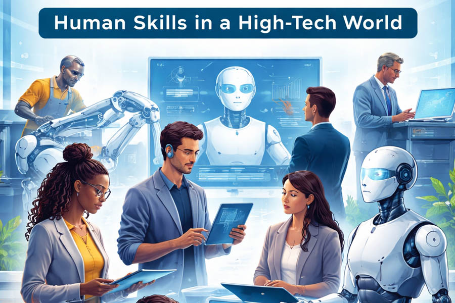 AI and humans working together in modern workplaces as new technology creates future jobs