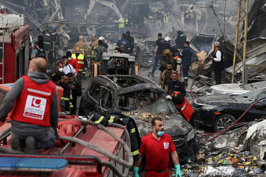 Emergency responders at Israeli strike site in al-Mazraa, Beirut