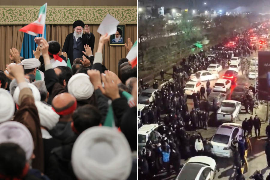 Split image of Ali Khamenei speaking in Qom and crowds gathering on the streets during an anti-government protest in Mashhad