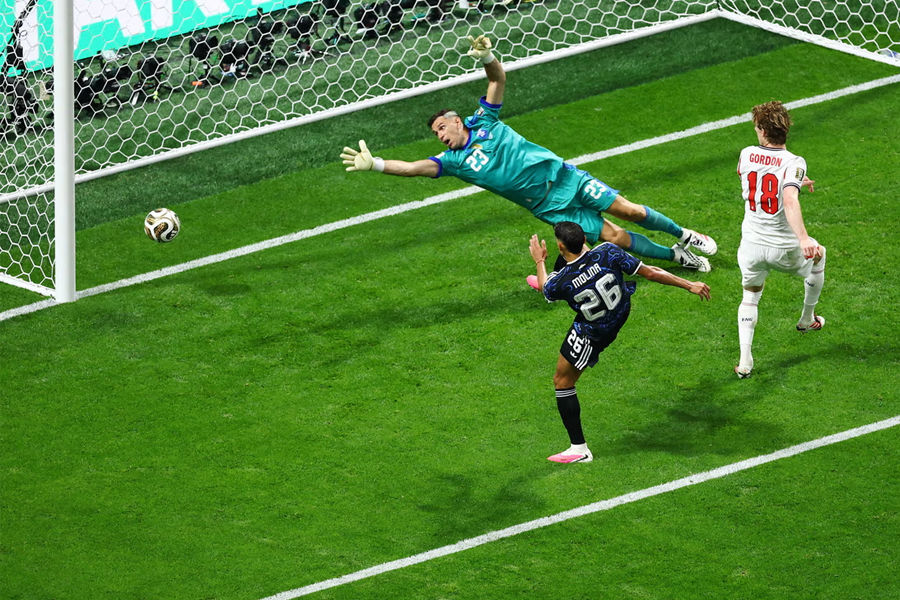 England's Anthony Gordon opens the scoring from close range against Argentina