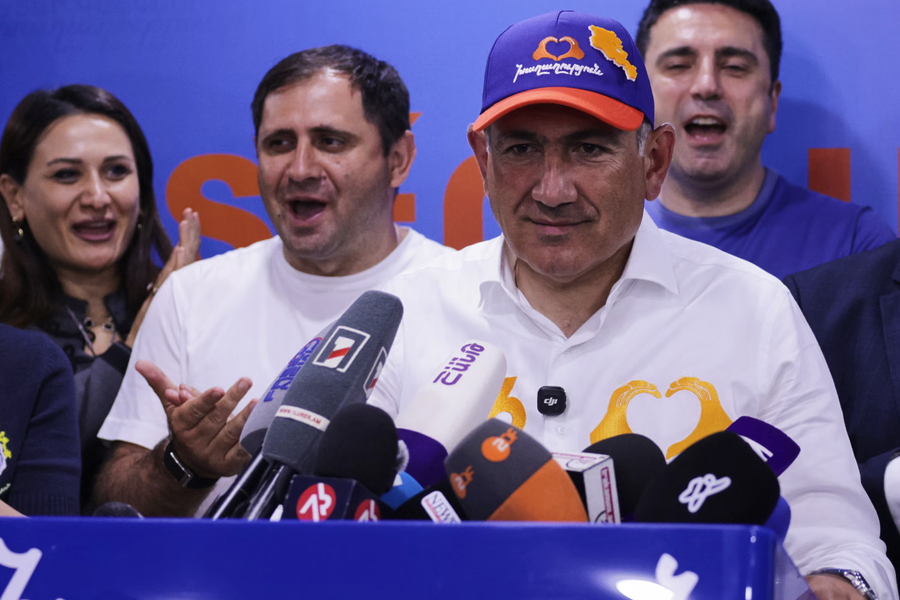 Armenia's Prime Minister Nikol Pashinyan speaks to the media after his Civil Contract party won parliamentary elections