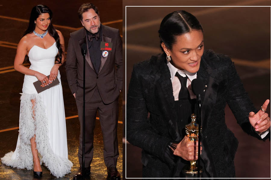 Autumn Durald Arkapaw receiving the Best Cinematography Oscar for Sinners on stage with Javier Bardem and Priyanka Chopra Jonas at the 2026 Academy Awards.