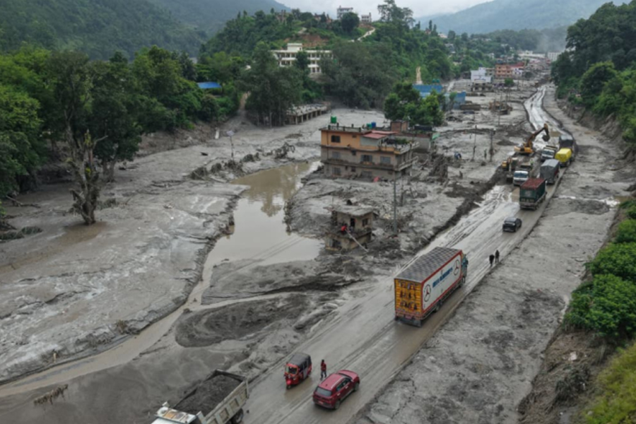 Baireni Bazaar in Dhading submerged in water after floods hit Bhotekoshi in Rasuwa.