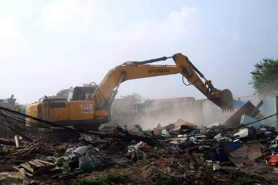 Bulldozers continue demolishing unauthorized structures in Balkhu, Kathmandu, as authorities intensify their anti-encroachment campaign.