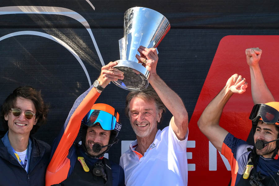 Sir Ben Ainslie and Sir Jim Ratcliffe celebrating after winning the America’s Cup challenger series in 2024 with Team Ineos Britannia