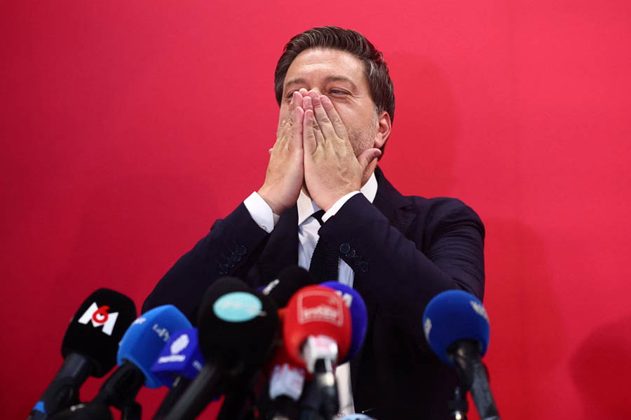Benoît Payan speaking to supporters in Marseille following his election victory, addressing the crowd during his victory speech