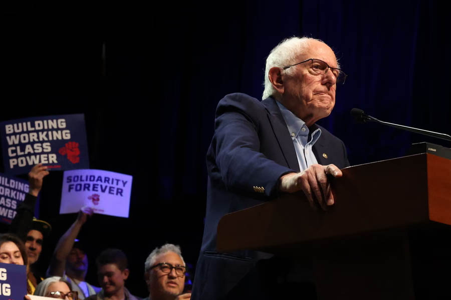 Bernie Sanders speaks at the Union Now rally in New York City on Sunday, calling for stronger labor unions and economic reform.