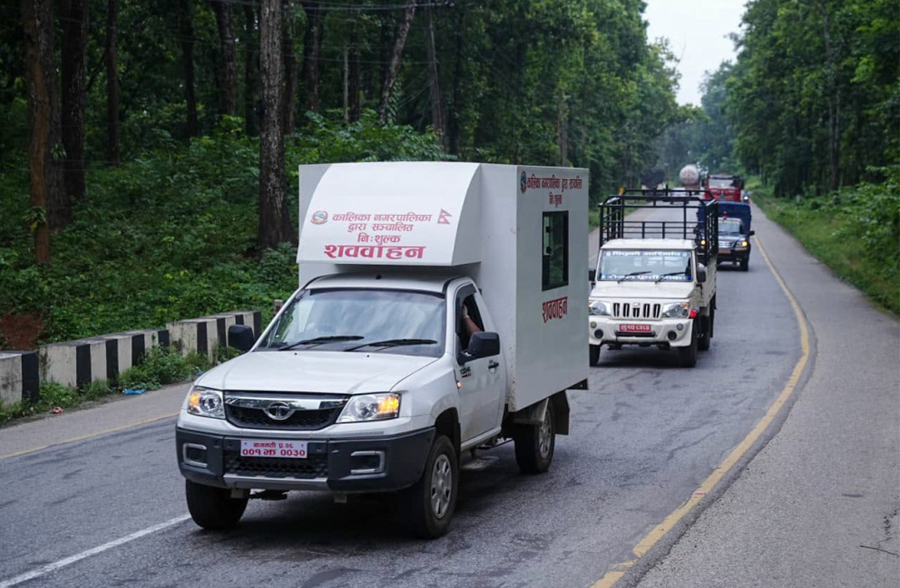 Bodies found in the Narayani River in Chitwan after being swept away by the Bhotekoshi flood are being taken to a forest in the Devghat area for management on Saturday.