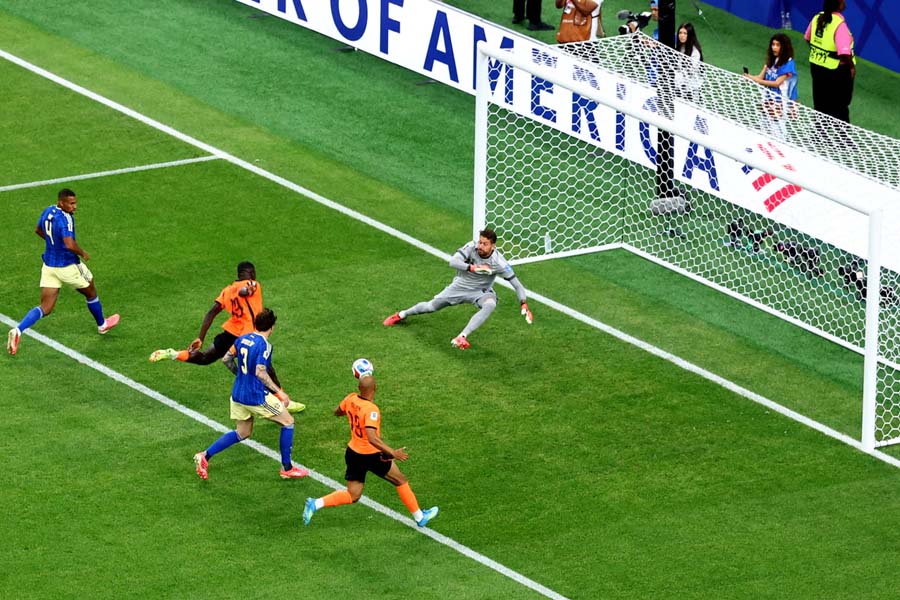 Brian Brobbey scores the first of his two goals from a cross by Cody Gakpo, who later scored a double of his own in the Netherlands' 5-1 demolition of Sweden.