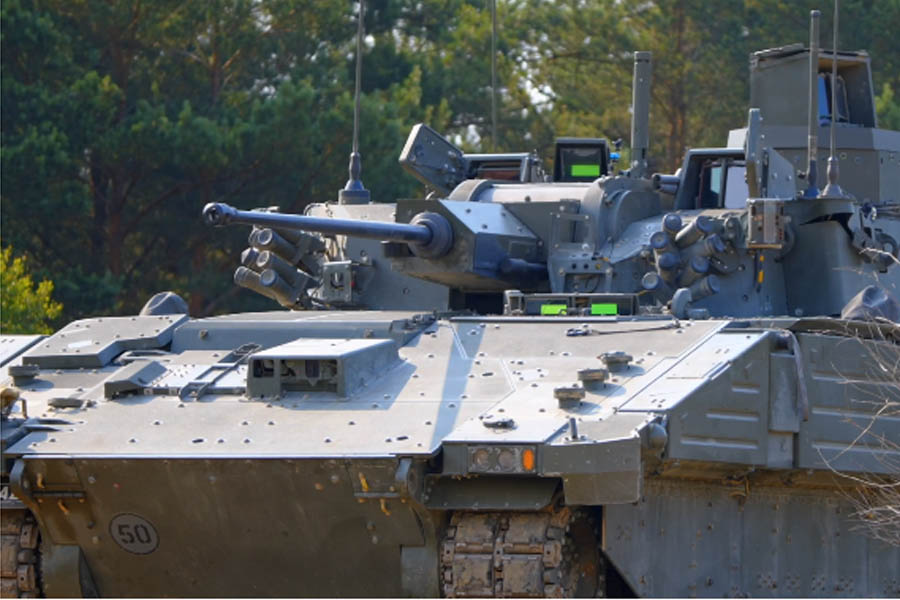 British Army Ajax armoured vehicle displayed in Merthyr Tydfil, symbolising the UK’s renewed military strength and NATO deployment after years of production delays.
