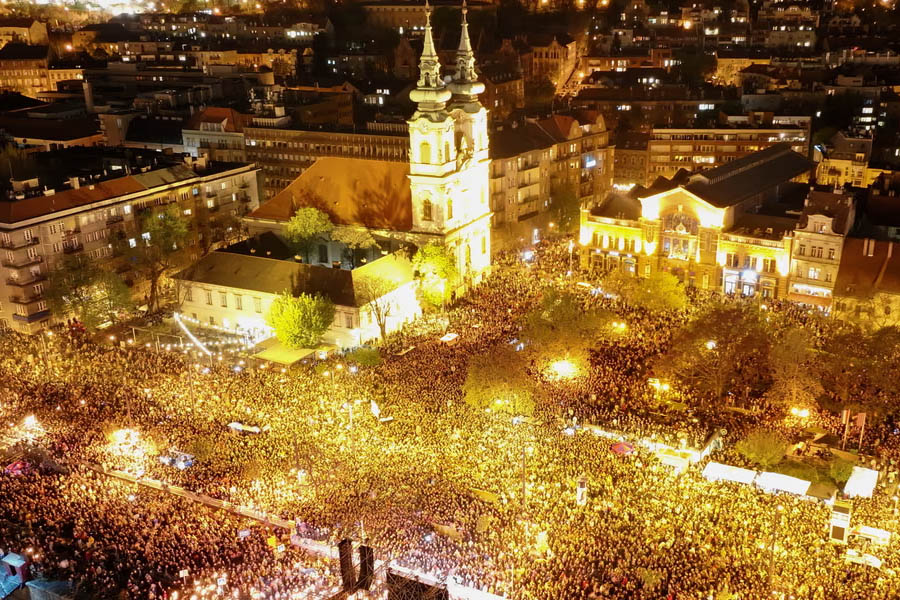 People gather in central Budapest to celebrate Péter Magyar's election victory.