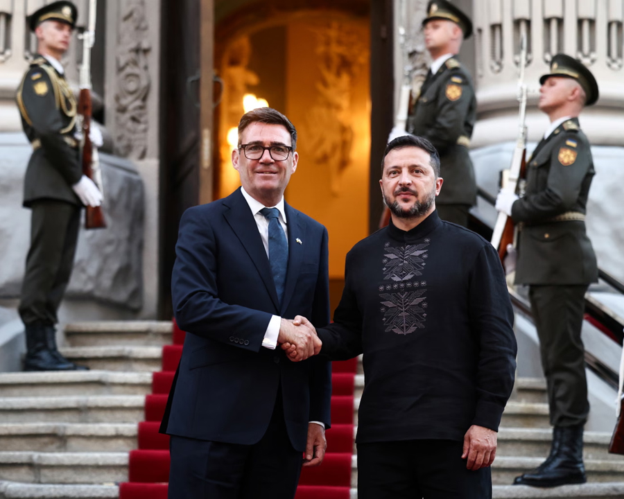Andy Burnham, left, with Volodymyr Zelenskyy in Ukraine on Monday