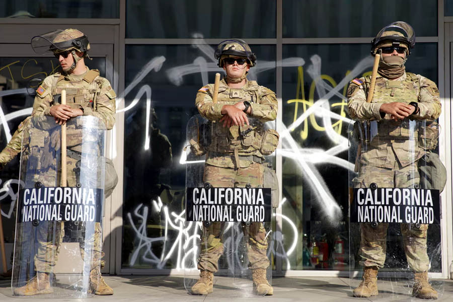 California national guard officers in front of the federal building in Los Angeles on 10 June 2025.