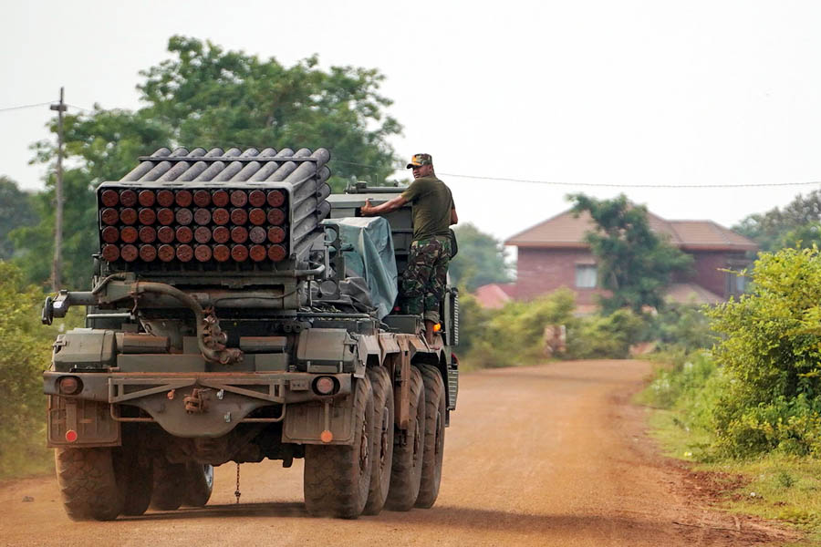 Cambodian military personnel position a BM-21 Grad multiple rocket launcher approximately 40km from the disputed Ta Moan Thom temple in Oddar Meanchey province, amid rising border tensions with Thailand.
