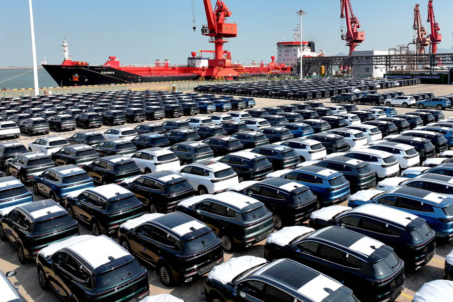 Chery cars for export lined up at Lianyungang port, China