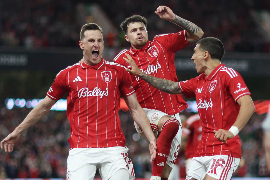 Chris Wood celebrating his penalty goal for Nottingham Forest