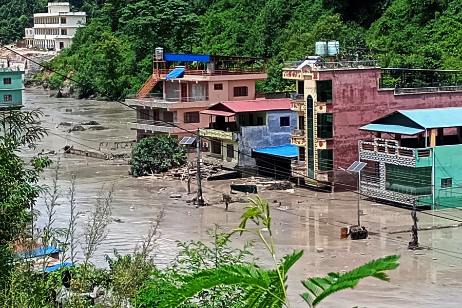 A flooded road following a flash flood in Galchhi in the Dhading district, Nepal.