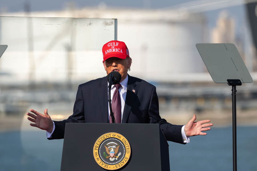Donald Trump at a public event in Corpus Christi, Texas, on Friday, speaking to attendees during a political gathering.