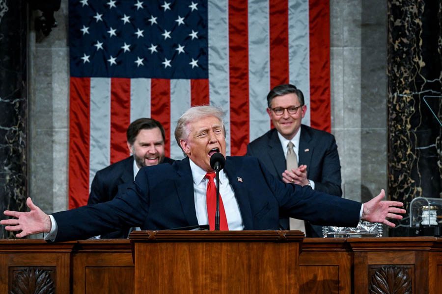 Donald Trump speaking at the podium during his State of the Union address before members of the US Congress on Tuesday night.