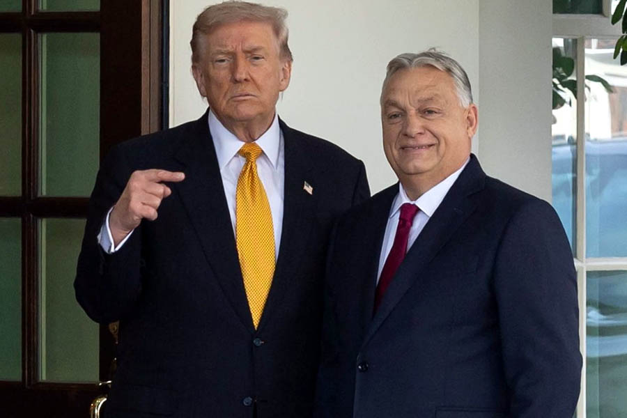 Donald Trump greeting Hungarian Prime Minister Viktor Orbán at the White House in Washington, D.C., during their meeting on Friday to discuss U.S.–Hungary relations and Russian energy sanctions.