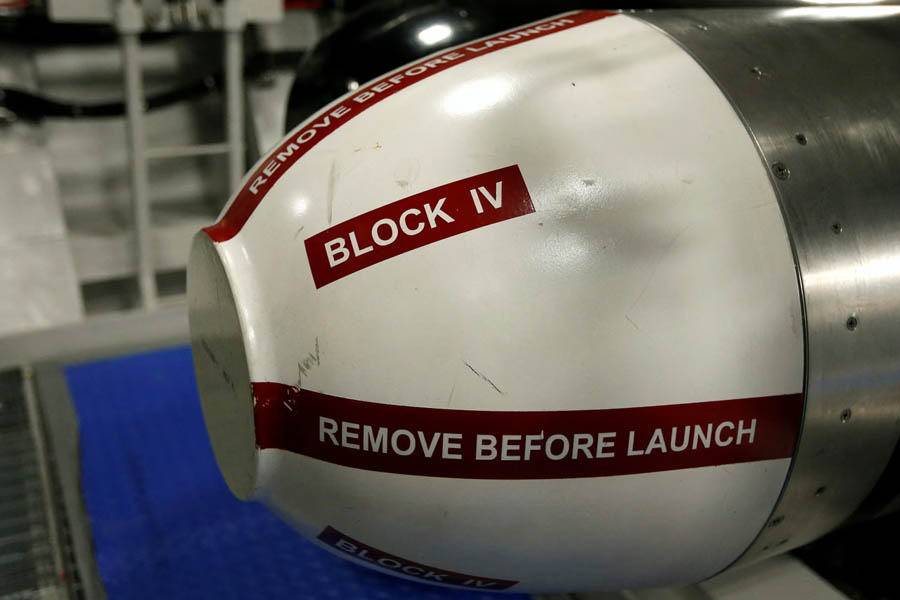 Dummy Tomahawk missile displayed on a British navy submarine, amid discussions of potential US supply of Tomahawk cruise missiles to Ukraine.