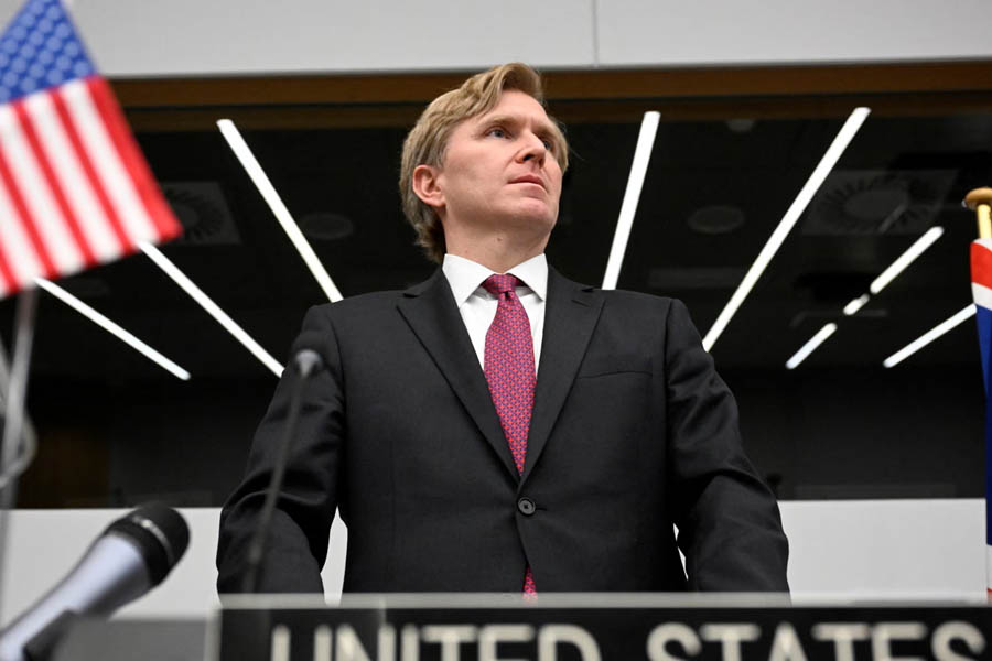 Elbridge Colby, Pentagon policy chief under the Trump administration, addresses NATO defence ministers in Brussels while promoting a reduction of US conventional forces in Europe.