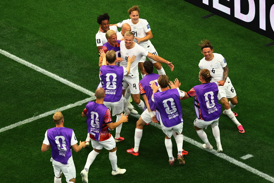 Haaland celebrates scoring their second goal for Norway