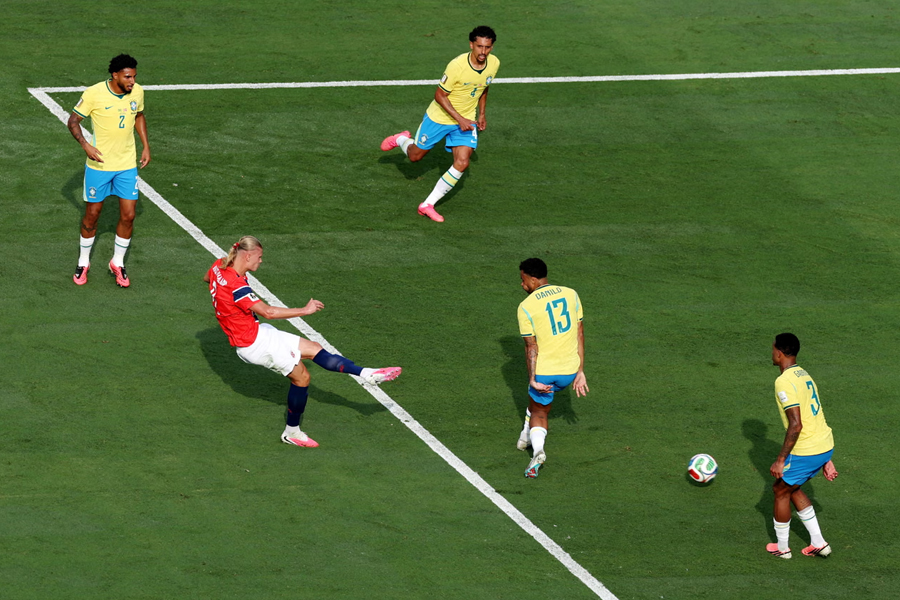 Norway's Erling Haaland scores their second goal against Brazil