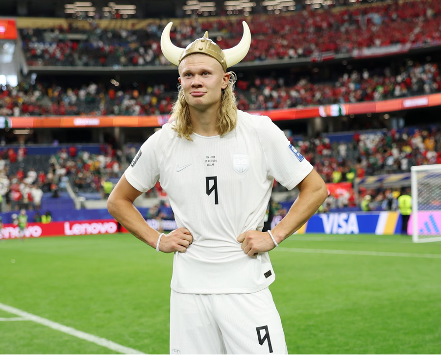 Erling Haaland with comedy Viking helmet after scoring Norway's winner
