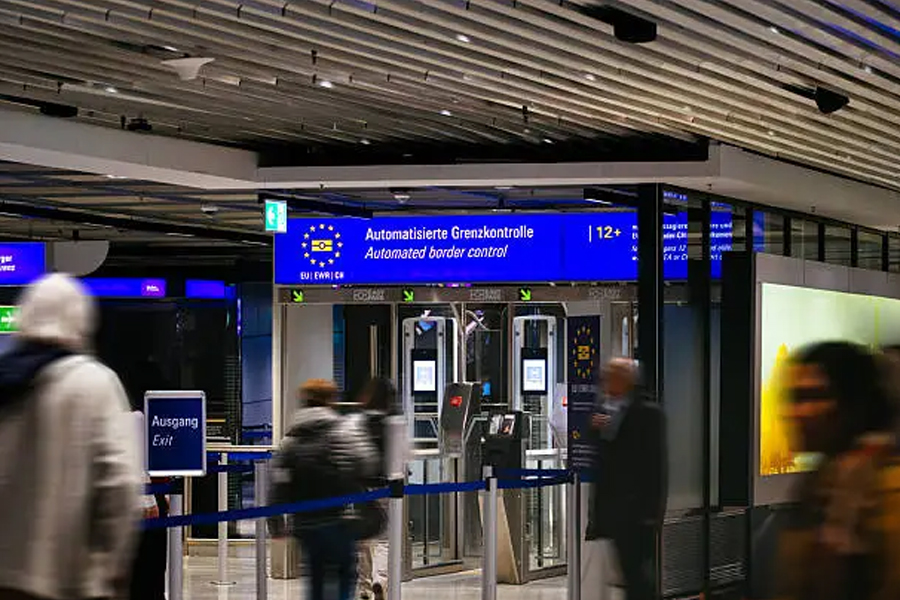 E-gates for European Union passport control in international airport. Security, travel and border control concept.