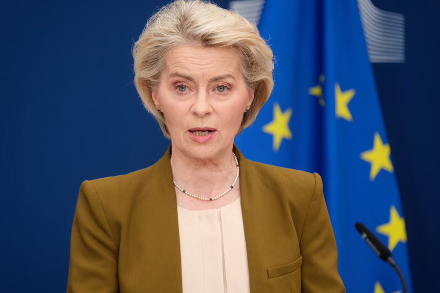 European Commission President Ursula von der Leyen announces new sanctions against Russia at a press conference in Brussels
