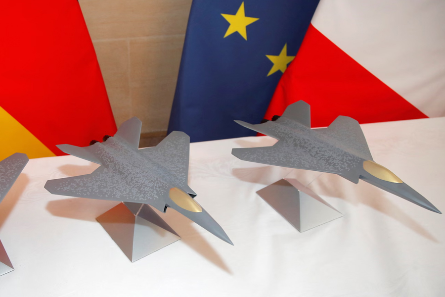 Scale models of the fighter jet which was to have formed part of Europe's Future Combat Air System (FCAS). The €100bn project has been abandoned after France and Germany failed to resolve disagreements between Dassault Aviation and Airbus.