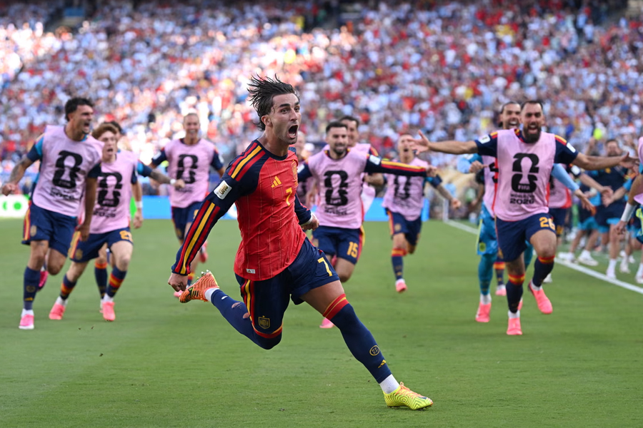 Ferran Torres celebrates scoring the only goal of the World Cup final. The substitute's 106th-minute strike gave Spain a deserved victory over Argentina.