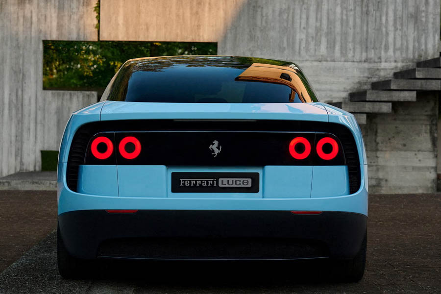 Interior of the Ferrari Luce EV featuring minimalist dashboard and four-seat layout designed by Jony Ive's LoveFrom studio.