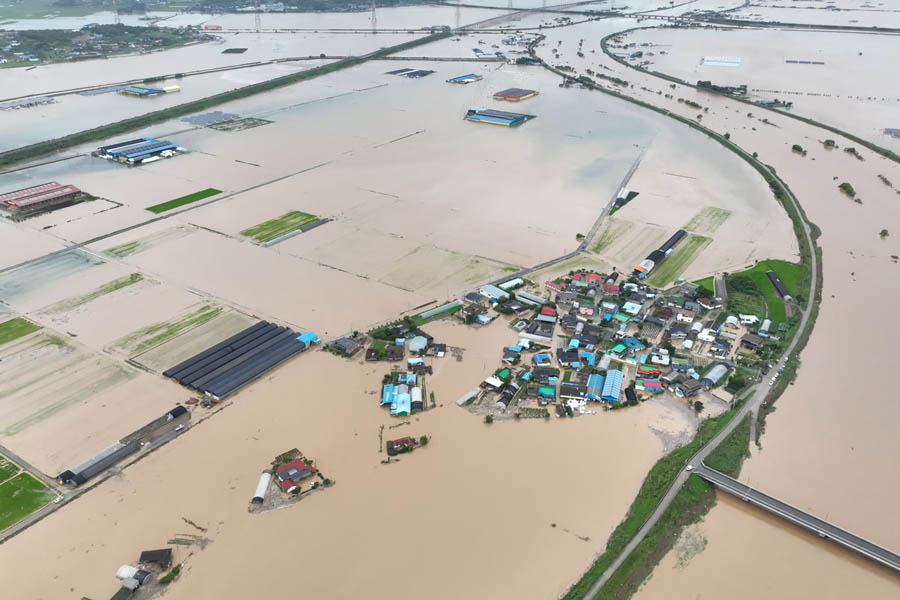 Aerial view shows widespread flooding in Yesan, South Korea, after days of torrential rain forced thousands to evacuate.