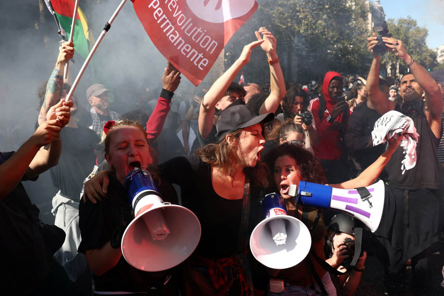 Massive crowds of demonstrators fill French streets as the interior ministry reports widespread nationwide protests over budget cuts and public services.