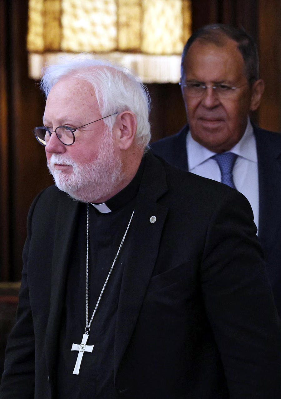 Paul Gallagher, Vatican envoy and secretary for relations with states and international organisations of the Holy See, and Russian foreign minister Sergei Lavrov arrive for a meeting in Moscow.