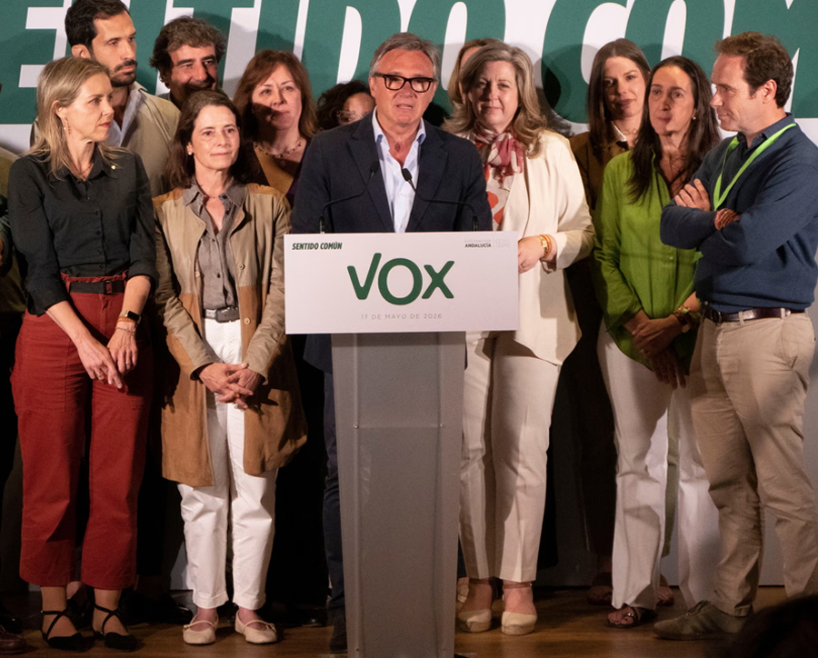 Vox's leader in Andalucía, Manuel Gavira, speaking at a press conference after the results of the regional elections in May.