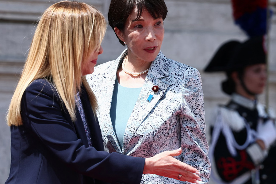 Italian prime minister Giorgia Meloni welcomes Japanese prime minister Sanae Takaichi ahead of their meeting at Villa Doria Pamphilj in Rome, Italy, ahead of the G7 summit.