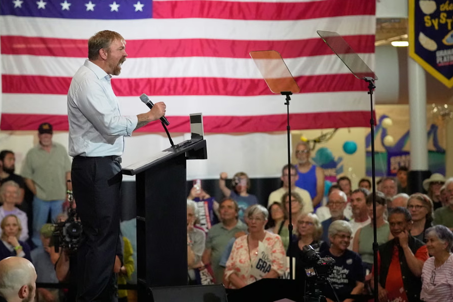 Graham Platner speaking to supporters after winning the Democratic nomination for Senate in Maine
