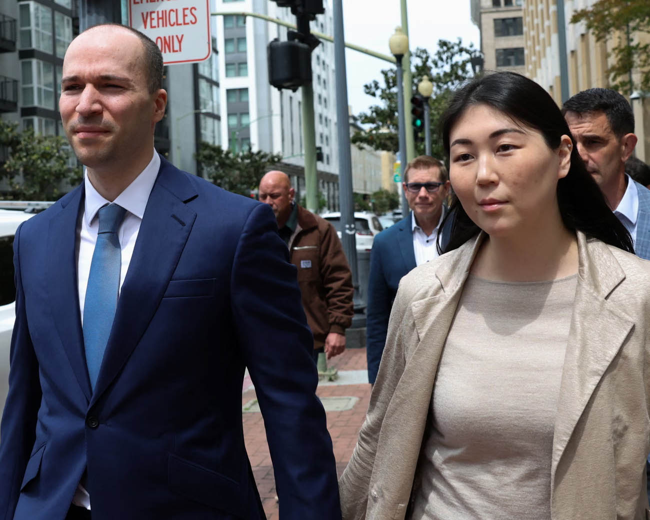 Greg Brockman, president of OpenAI, and his wife, Anna, outside federal court in Oakland, California, on 4 May during the high-stakes trial against Elon Musk.